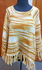 vtg Poncho Handmade Crochet w Fringe, Gold Yellow White Yarn - One Size Fits All