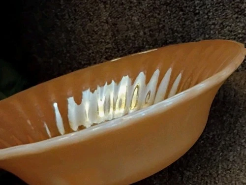 VTG Fire King Anchor Hocking Orange Peach Luster Swirl Serving Bowl 8 1/2” USA