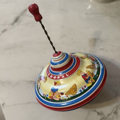 Vintage Tin Spinning Top Choral Theme with Children and Animal Design