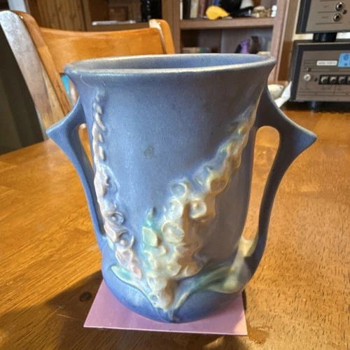 Roseville Art Pottery Blue Floral Ceramic Vase with Handle