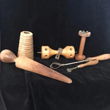 lot of primative Vintage wooden tools, Leather Tools, Dowel, Wood Parts