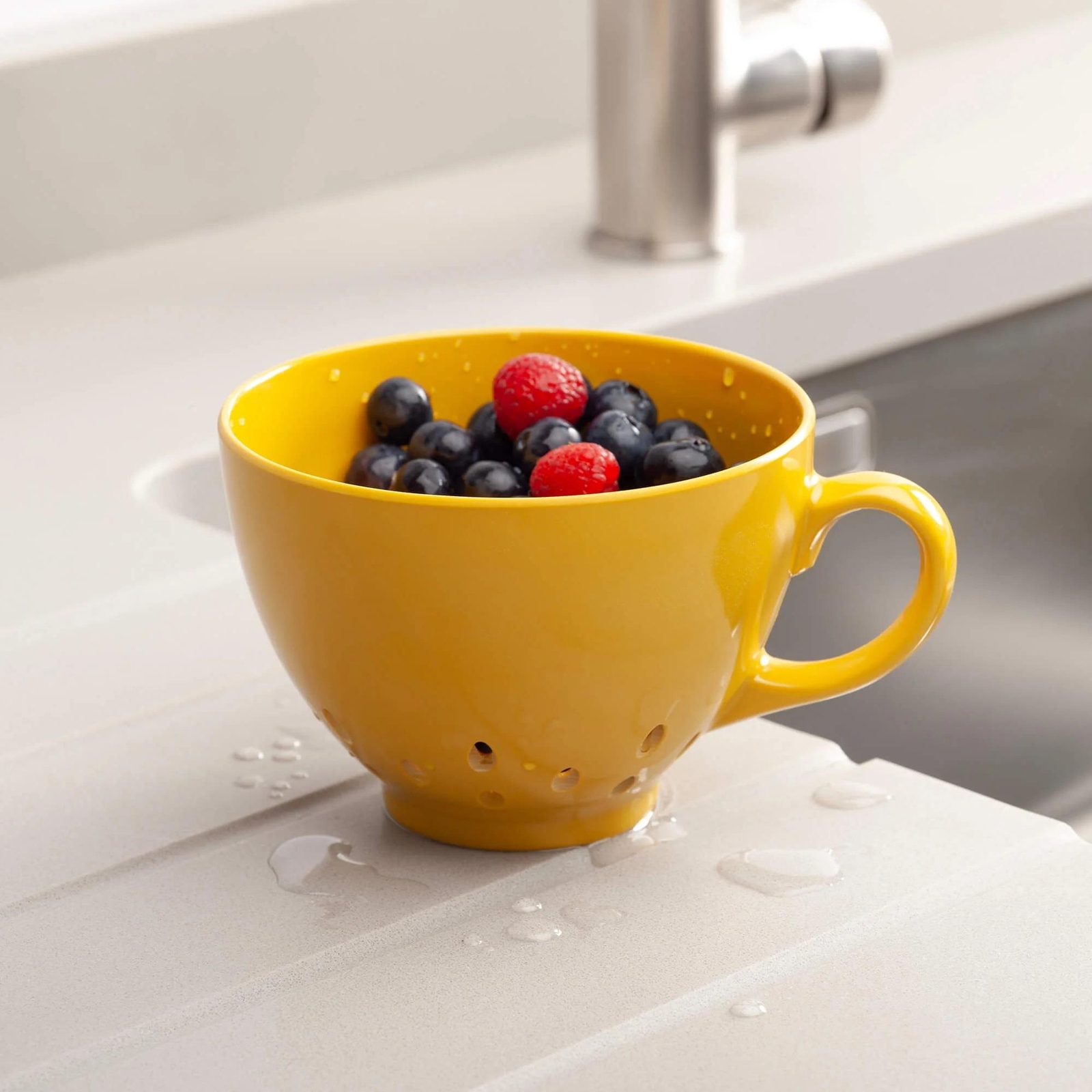 Zeal Small Berry Colander, Mug Style Strainer, Melamine, Mustard Yellow