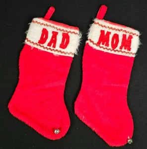 2 Vintage Christmas Stockings Mom Dad Red White Faux Fur Rick Rack 1950s 60s