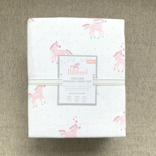 NEW Pottery barn kids Organic Flannel Rainbow Unicorn Twin Sheet set