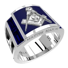 Men's 925 Sterling Silver Lab Created Sapphire Master Mason Masonic Ring