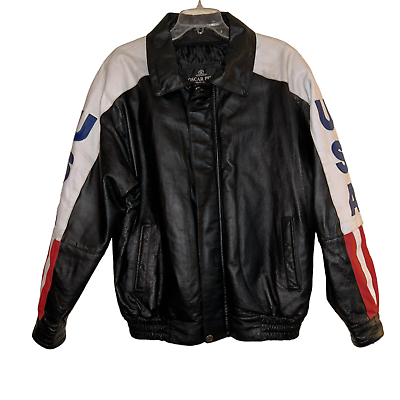 Vtg 90s Oscar Piel Leather Bomber Jacket USA American Flag Vtg 90s Oscar Piel Leather Bomber Jacket USA American Flag