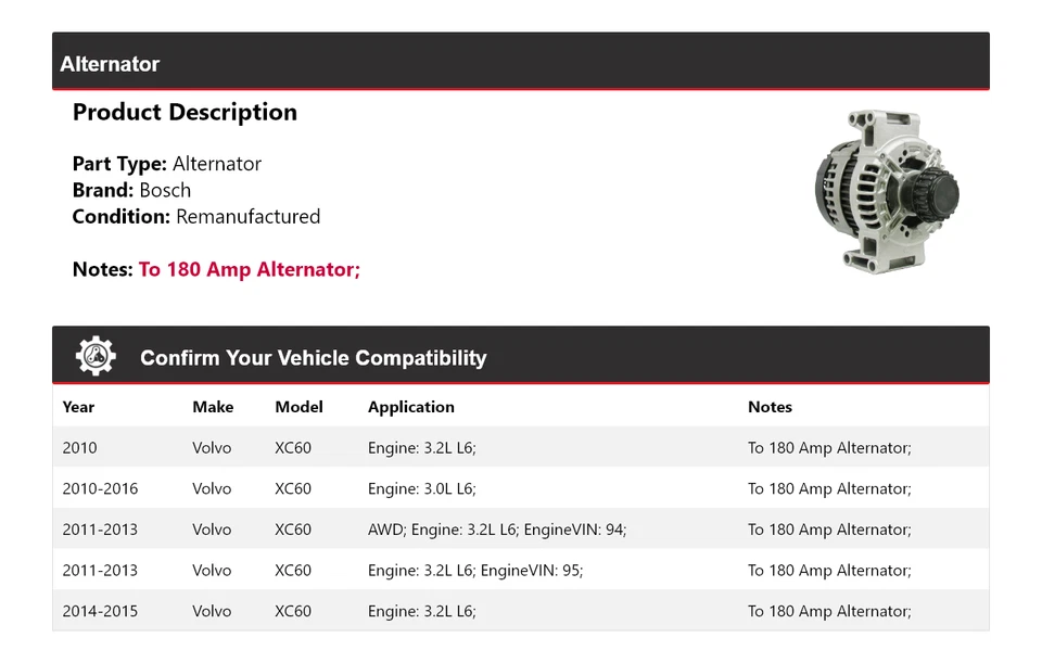 Alternador Bosch para Volvo XC60 2010-2016 (Remanufacturado) 2011 2012 2013 2014 Foto 2 de 4