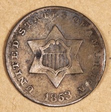 1853 Three Cent Silver.   Better Grade.  191404