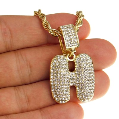Bubble Letter H Initial Pendant Gold Plated Simulated CZ Rope
