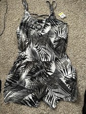 Material Girls Womens Black White Palms Trees Romper Pockets Size Medium Casual
