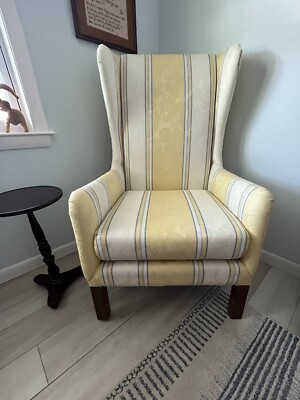 Bright Wingback Chair-Yellow, Beige&Blue Stripped Upholstery-Vintage Large  Chair