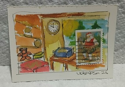 Postal Whimsy ACEO OOAK   32¢ Santa 1995 Victorian Christmas Workshop Scene