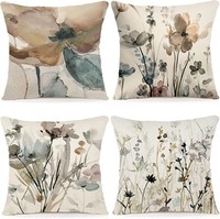Kissenbezug 50X50 Leinen 4Er Set Moderne Abstrakte Blumen Dekokissen 4 StüCk