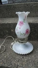 VINTAGE MILK GLASS ELECTRIC HURRICANE LAMP WITH FLORAL CHIMNEY