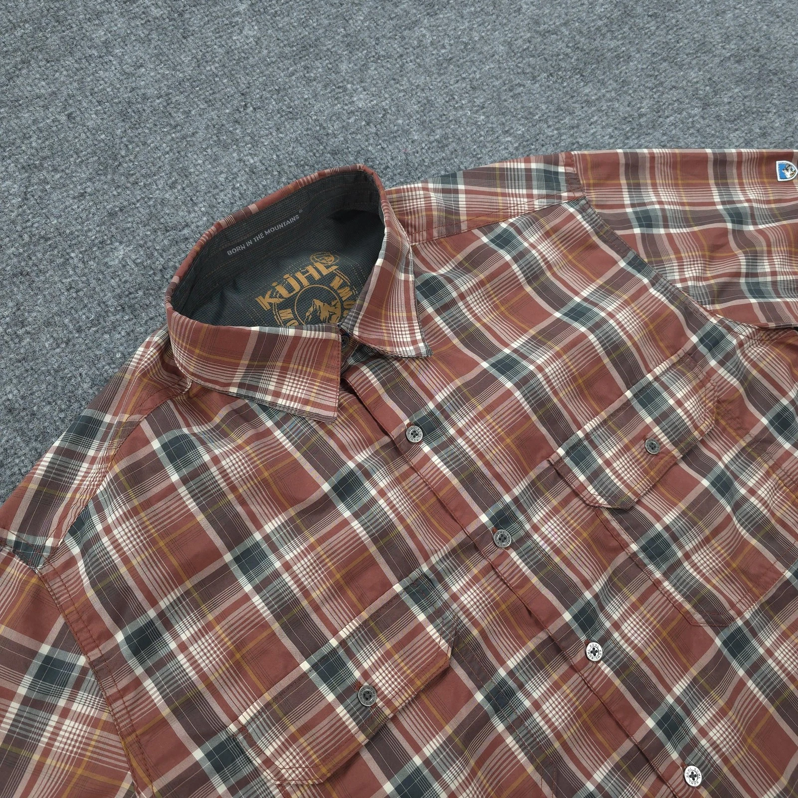 Kuhl Shirt Mens Medium Brown Plaid Short Sleeve Button Up Eluxur Hiking Outdoor