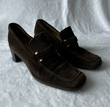 Gucci Brown Suede Loafer Heels Square Toe Sli...