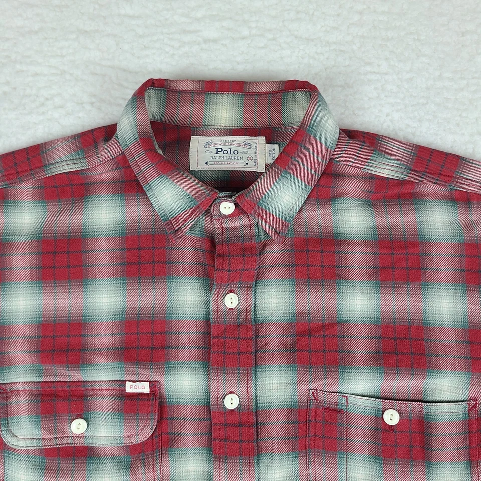 Camisa de Franela Polo Ralph Lauren De Colección Para Hombres XL Roja Verde Algodón a Cuadros Abotonada * Foto 3 de 4