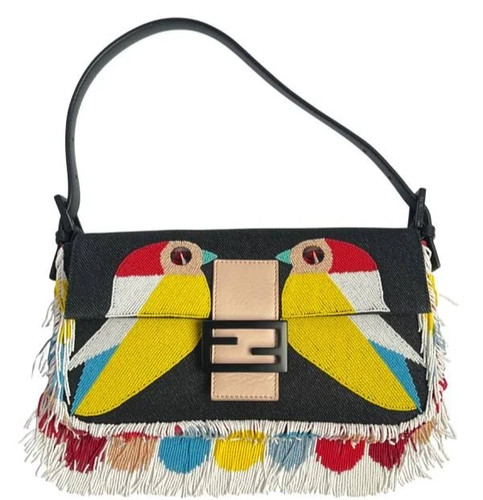 FENDI Baguette Denim Shoulder Bag – Bird & Beaded Embroidery