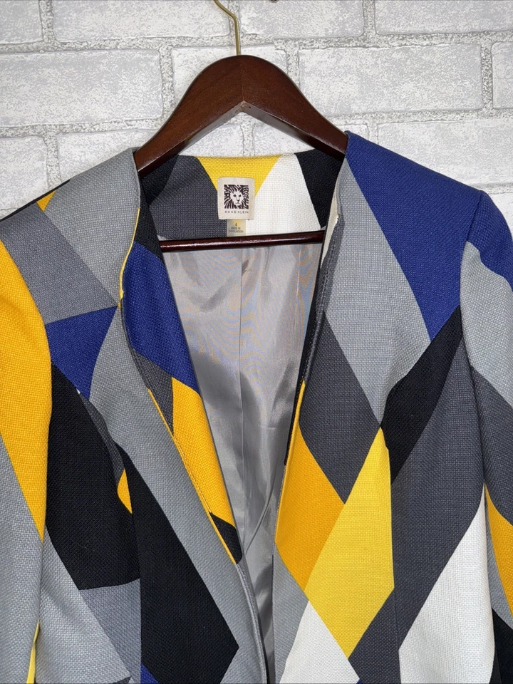 Impresionante Blazer de Anne Klein Talla 4 Hermosa Mezcla Geométrica Colores Grande L Foto 2 de 4