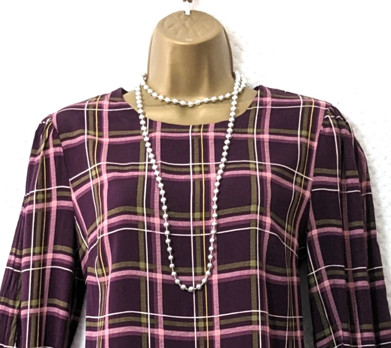 NEXT Burgundy Check Tunic Top Sz 12 Long Sleeve Smart Office Workwear Blouse - Image 2 of 4