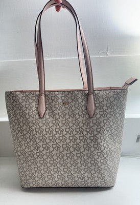 DKNY Large Tote Shopper Bag Vegan Leather Logo Print Pink Beige Clean Interior