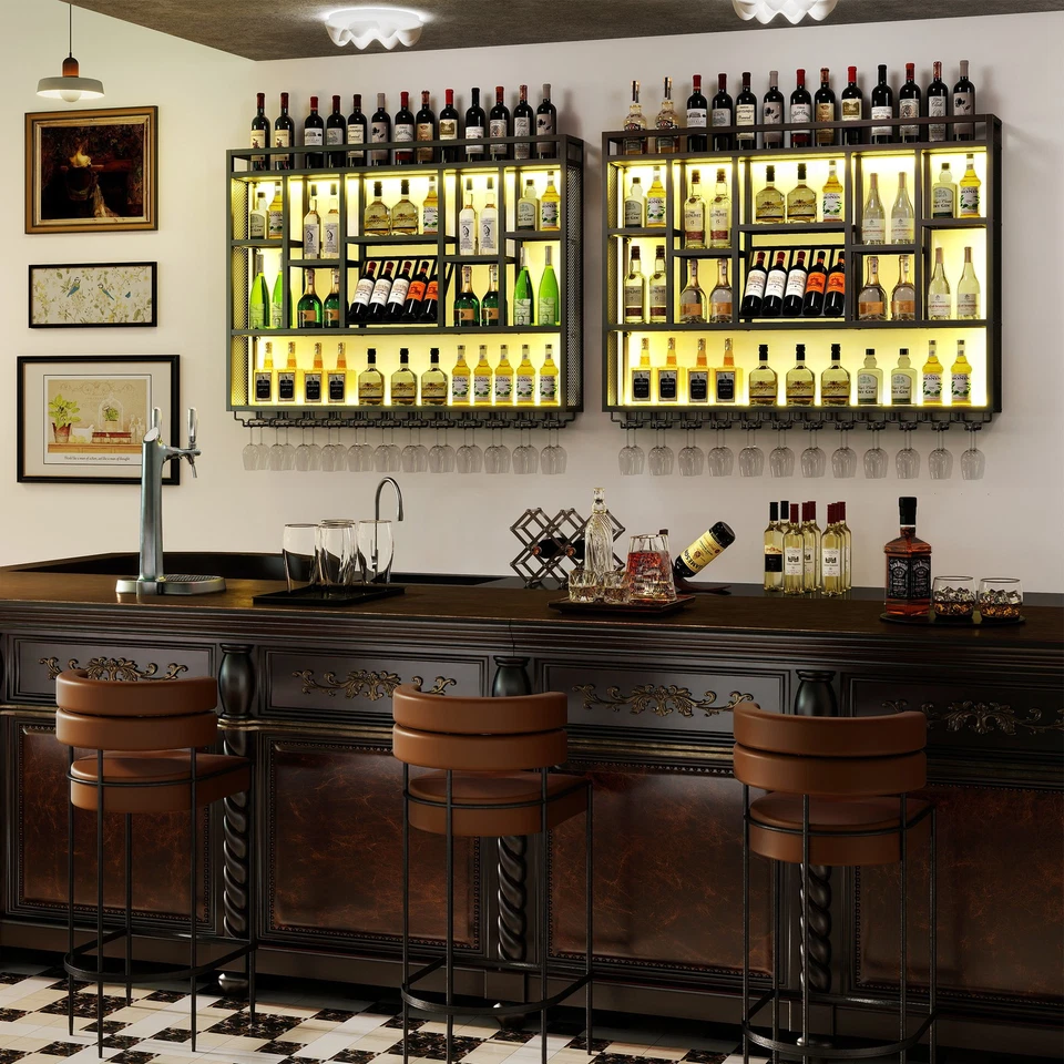 15 Color LED Lights Wine Rack 50+ Bottles Capacity Wall Mounted Liquor Display - Image 2 of 4