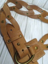 Rustic Boho Link Leather Belt Size S Brass Studs Adjustable Buckle Hippie VTG