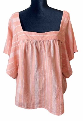 Sonoma Size 2X Peach White Stripe Cotton Top Shirt Square Neck Flutter Sleeves