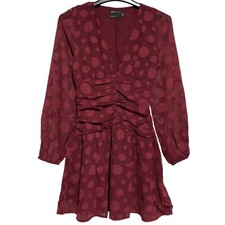 New ASOS Design V-Neck Ruched Waist Long Sleeve Skater Mini Dress Oxblood Size 0