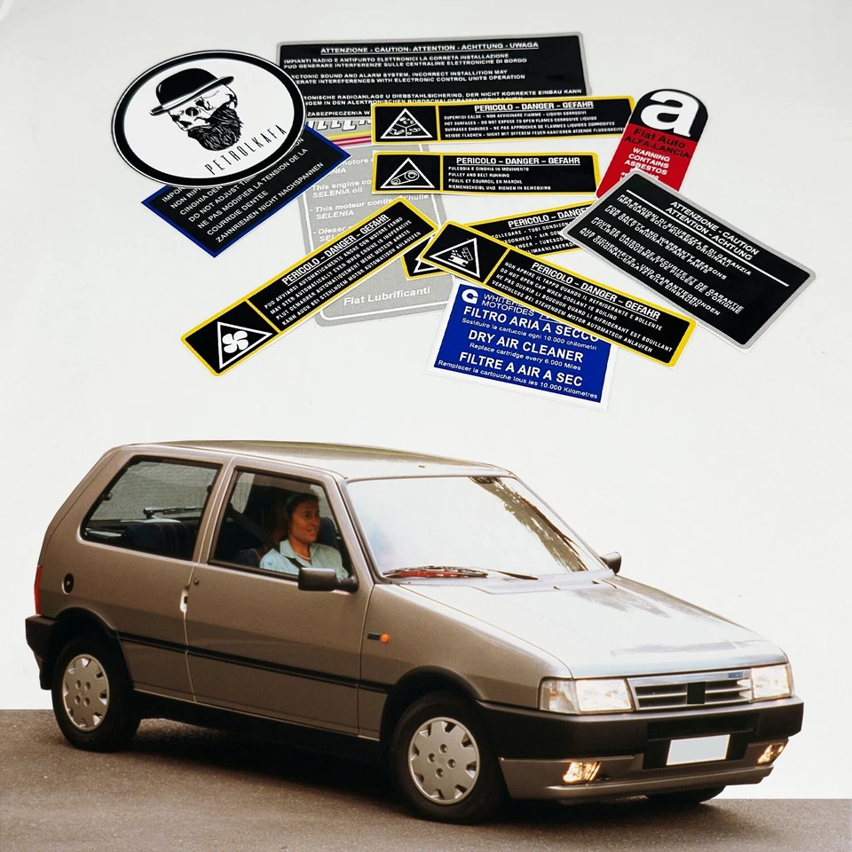 Pegatinas de advertencia y precaución del motor Fiat Uno restauración - Etiquetas de alta calidad Foto 3 de 4