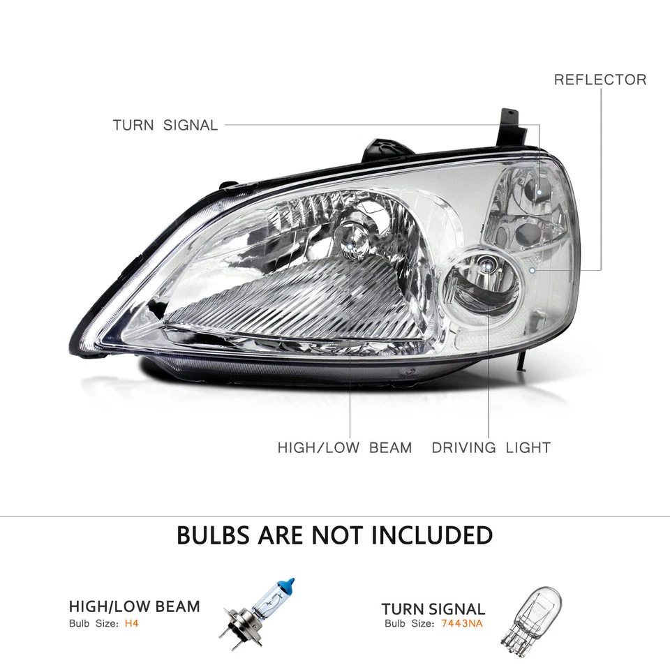 For 2001 2002 2003 Honda Civic Chrome Clear Headlights Assembly Lamps Set - Image 2 of 4