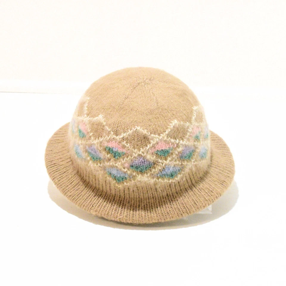 70s Vintage Hansen Tan Wool Knit Bowler Hat Geometric Pastel Argyle Womens M - Image 3 of 4