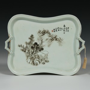 Antique Chinese Grisaille Ink Decorated Porcelain Tray with Calligraphy
