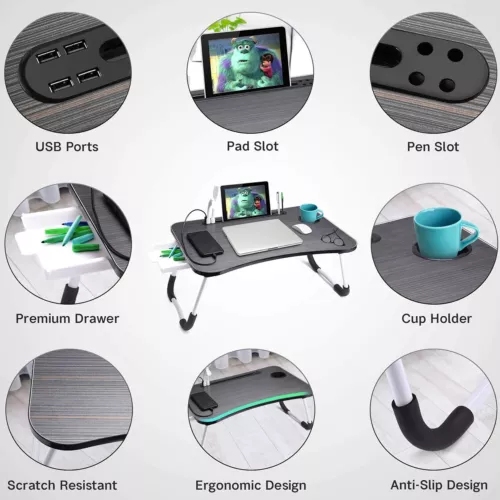 Scrivania Letto Laptop, Pieghevole Lap Desk Vassoio Tavolo con Porta di Ricarica USB, Nero - Foto 4 di 11