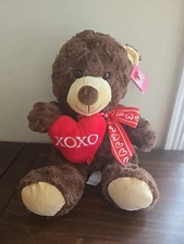 Hugfun VALENTINES Day BEAR Plush Brown Teddy Holding Heart XOXO Hug Kiss Bow 15"