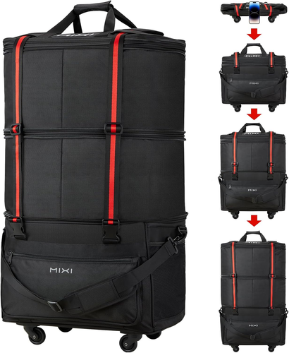Travel Bag with Wheels Expandable Foldable Luggage Bag Collapsible Rolling Black