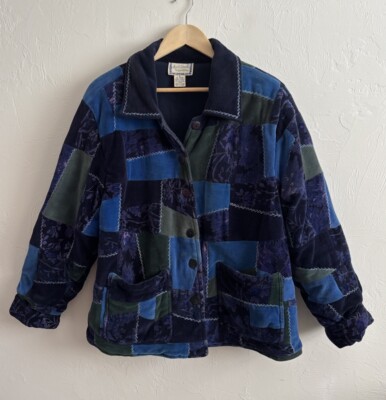 Vintage April Cornell Blue Green Velour Patchwork Button Up Quilted Coat Size M