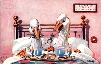 Tuck Oilette Comic Geese Eating Frogs Breakfast in Bed Charged Extra Postcard
