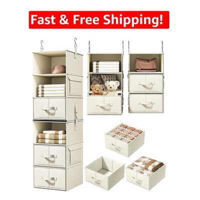 Elegant Beige 6-Shelf Hanging Closet Organizer with 3 Drawers & Separable Units