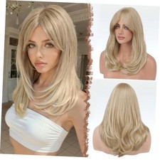 Blonde Wigs with Curtain Bangs Medium Length Layered Wig for Blonde Highlights
