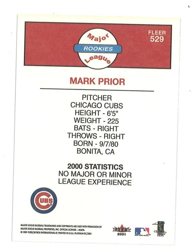 2001 Fleer Platinum - Mark Prior #529 (RC) - Image 2 of 2