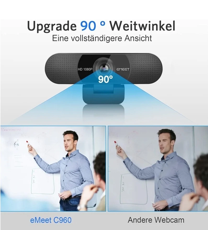 Webcam 1080P, Autofokus, Weitwinkel, Mikrofone, Full HD, Kompakt, USB - Bild 3 von 4