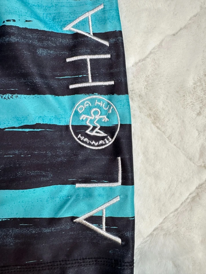 Shorts masculino Da Hui preto listrado azul-petróleo Aloha natação prancha de surf tamanho 38 havaiano - Imagem 4 de 4