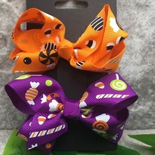 2 PC Handmade 3" Boutique Alligator Clip Halloween Bow Grosgrain Ribbon New 60