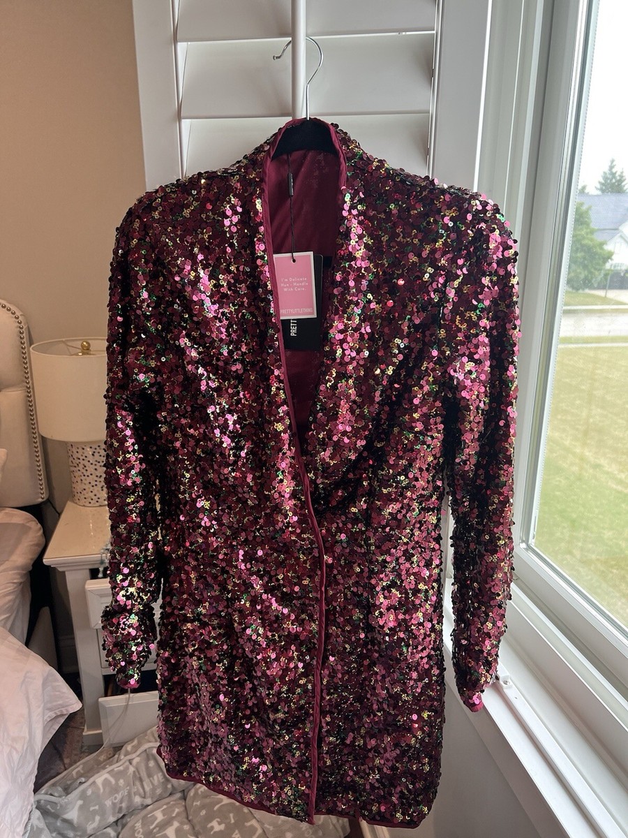 burgundy sequin long sleeve blazer dress Sequin Blazer Mini Dress Burgundy Wine Glitzy Clubwear Size 8 / Pretty  Little Things Sequin Mini Dress Fancy Event Artsy Party Flashy Gala