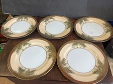 Five Antique Japan Bamboo Porcelain China Gold Salad Dessert Plates 