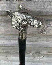 Brass Walking Stick Antique Chrome Wolf Head Handle Vintage Wooden Cane Gift
