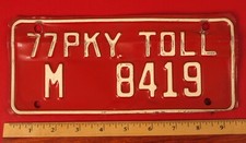 VINTAGE 77 PKY PARKWAY THRUWAY TOLL CAR LICENSE PLATE M8419 BENT UP RED !!
