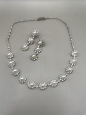 SilverTone Rhinestones Faux pearls Floral Bridal Necklace Post Drop Earrings Set