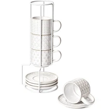 Stackable Espresso Cups 4 oz with Saucers and Stand, Ceramic Embossment Coffe...